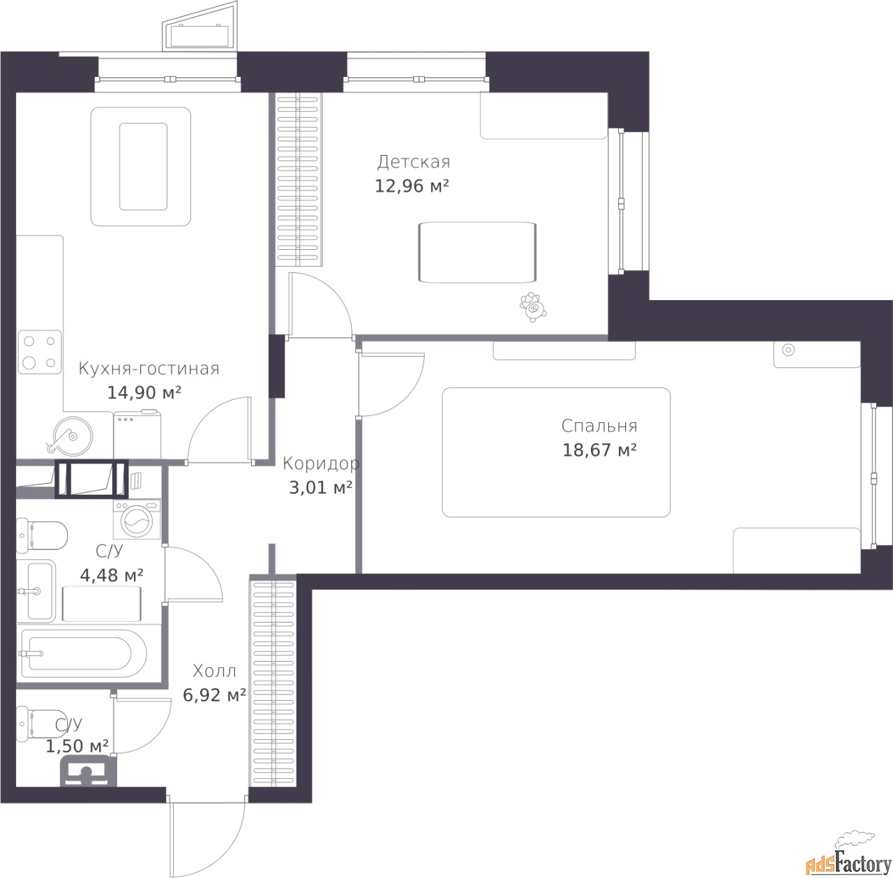 2 - комн.  квартира, 62.44 м², 3/11 эт.