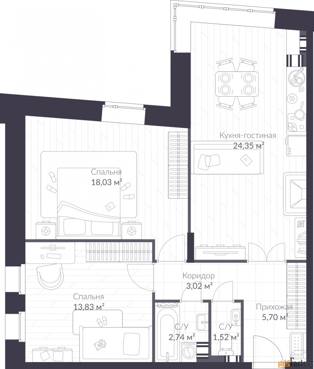 2 - комн.  квартира, 70.6 м², 3/3 эт.