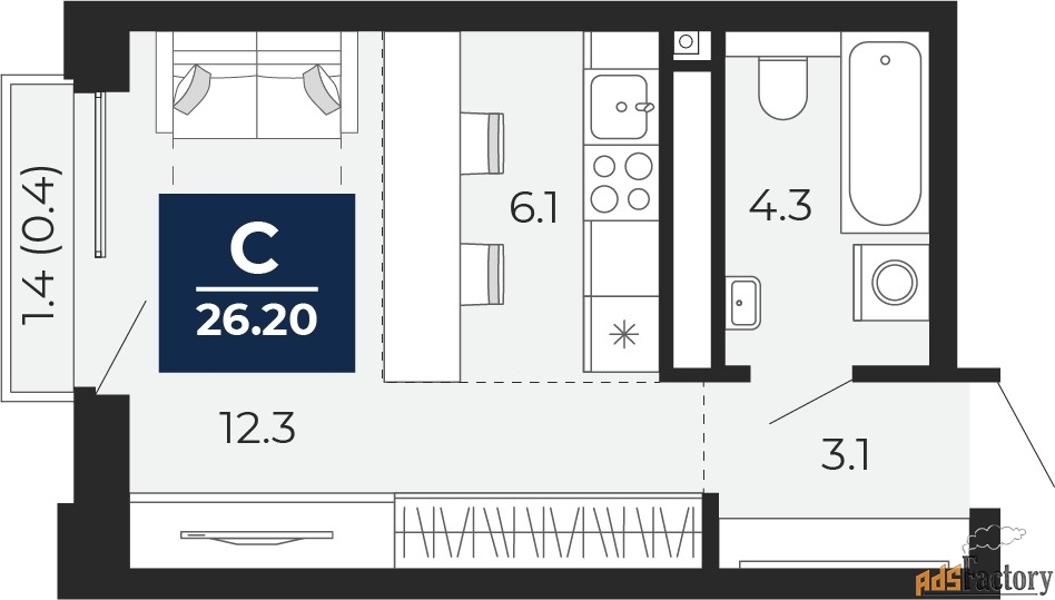 1 - комн.  квартира, 26.2 м², 2/12 эт.