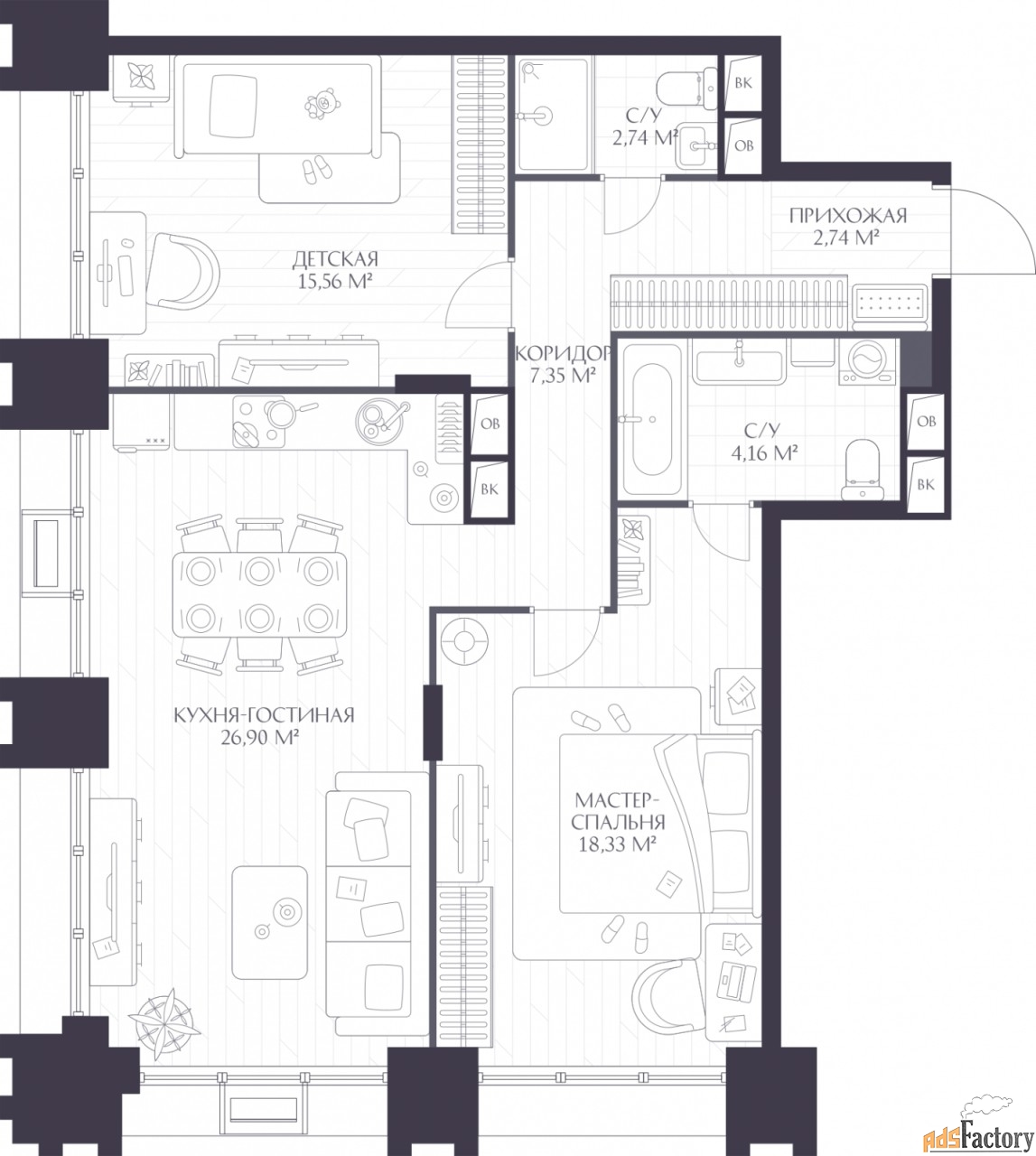 2 - комн.  квартира, 79 м², 2/17 эт.