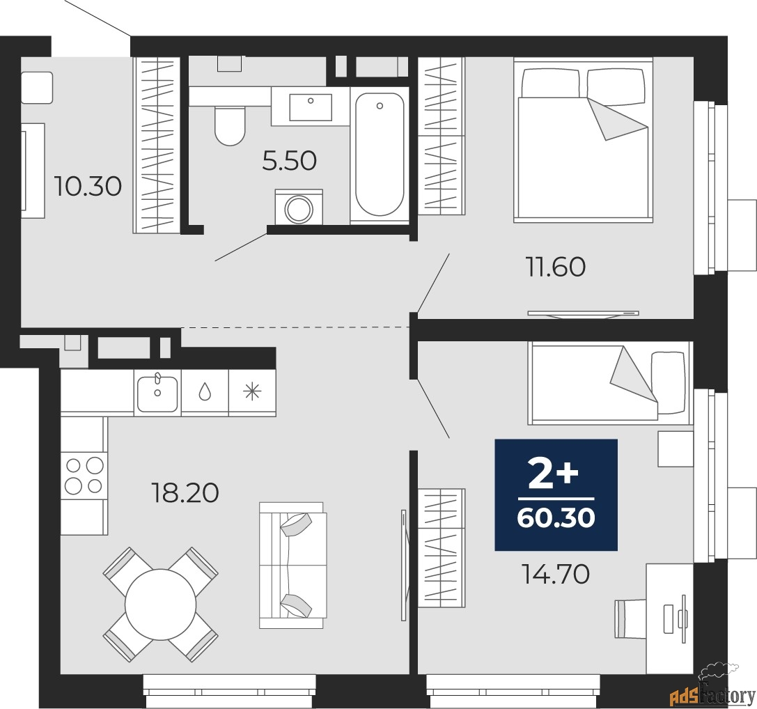 2 - комн.  квартира, 60.3 м², 6/18 эт.