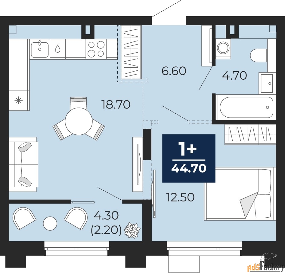 1 - комн.  квартира, 44.7 м², 2/18 эт.