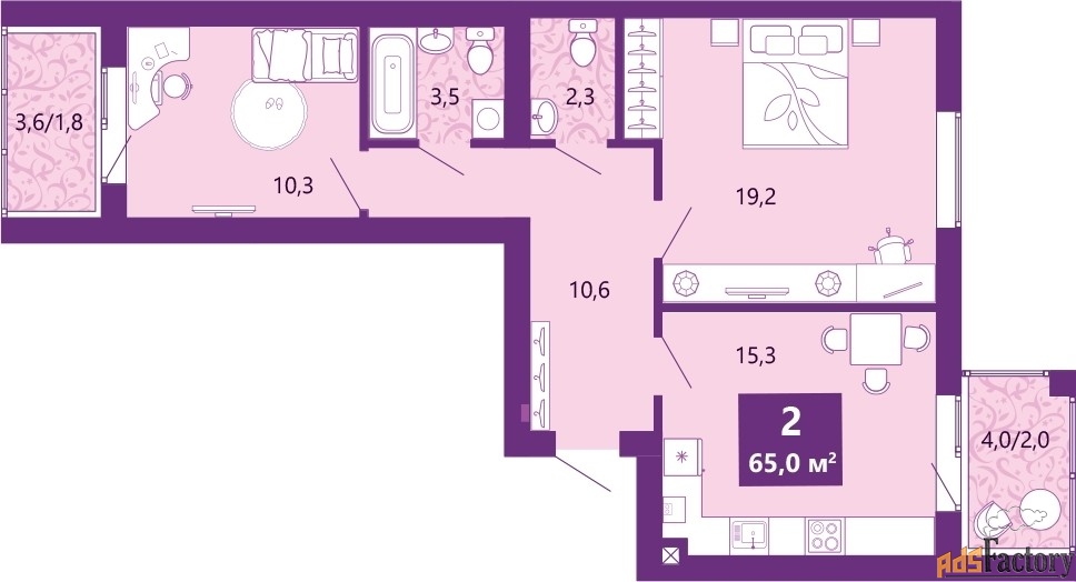 2 - комн.  квартира, 65 м², 4/4 эт.