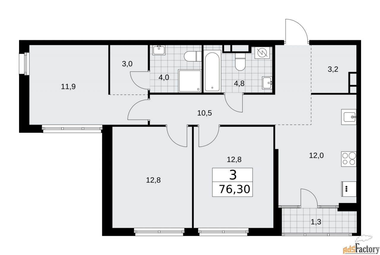 3 - комн.  квартира, 76.3 м², 7/16 эт.