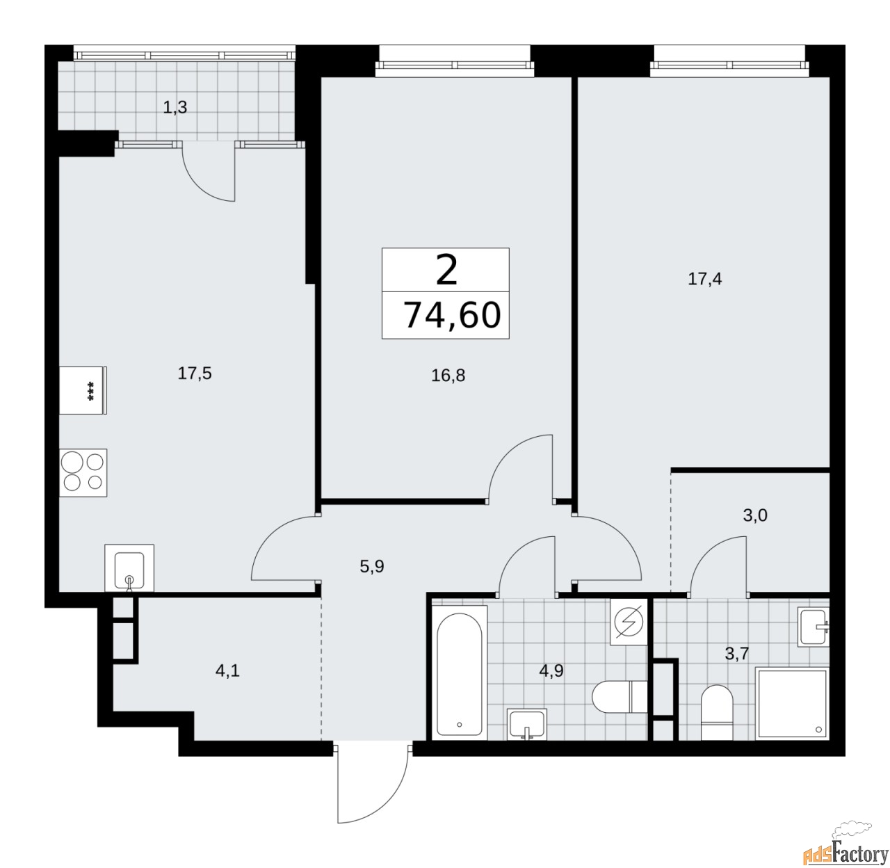 2 - комн.  квартира, 74.6 м², 10/16 эт.