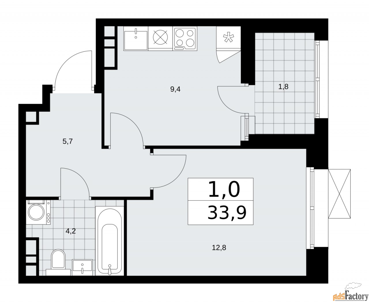 1 - комн.  квартира, 33.9 м², 16/21 эт.