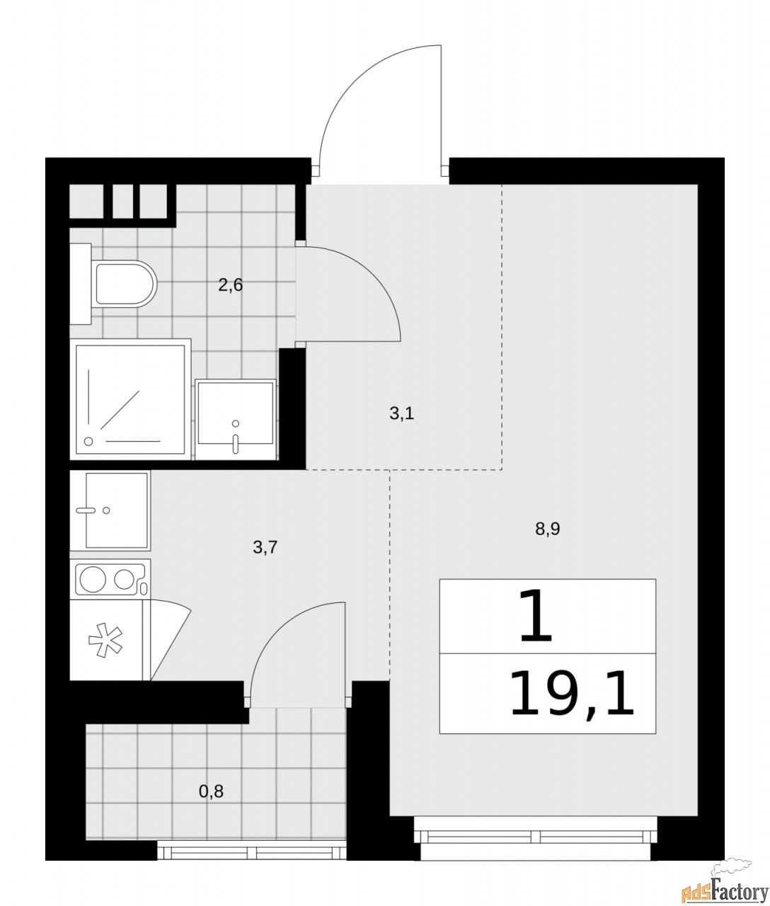 1 - комн.  квартира, 19.1 м², 14/15 эт.