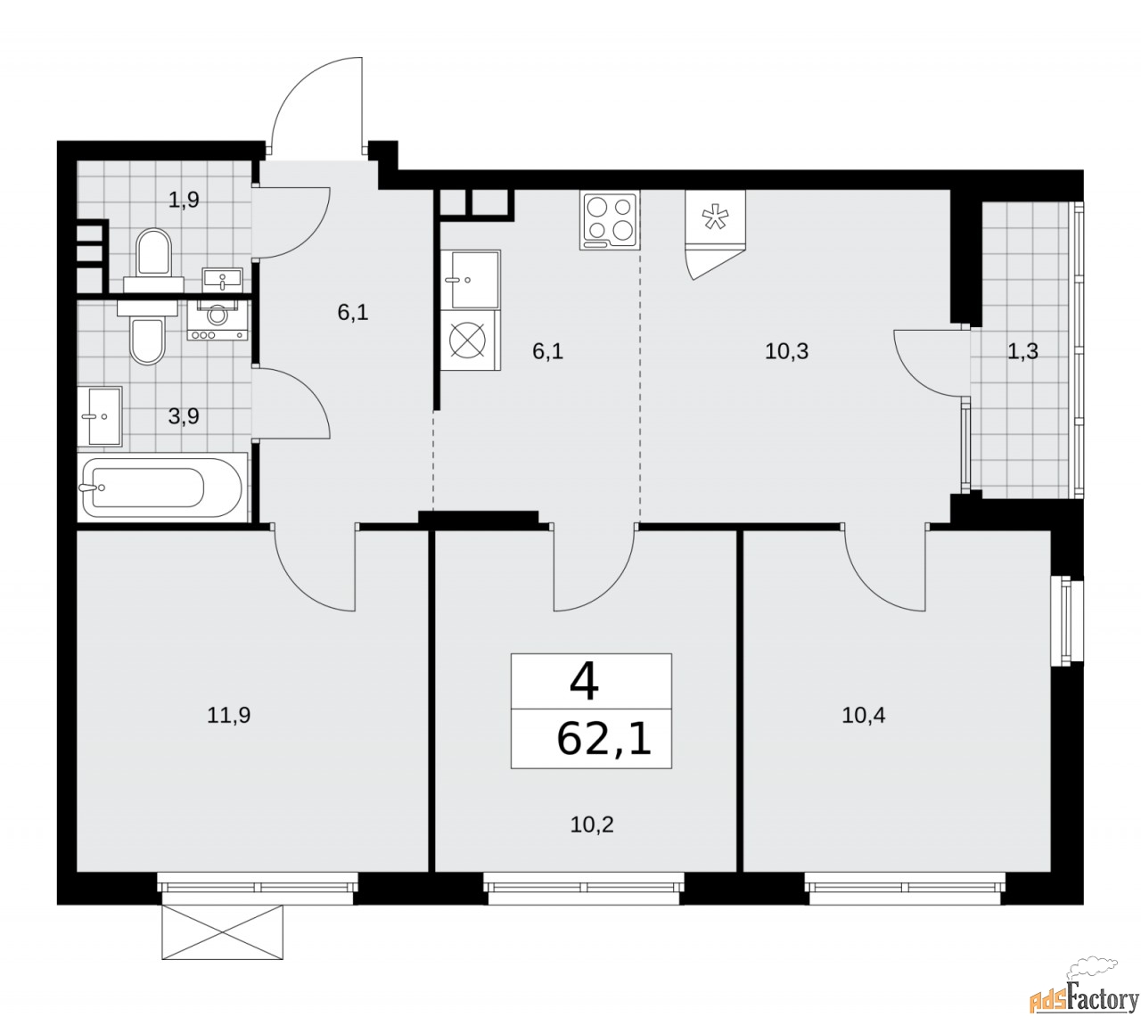 4 - комн.  квартира, 62.1 м², 10/15 эт.