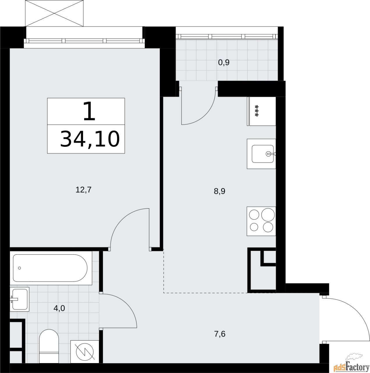 1 - комн.  квартира, 34.1 м², 9/9 эт.