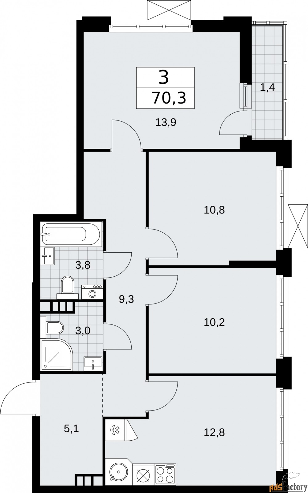 3 - комн.  квартира, 70.3 м², 6/9 эт.