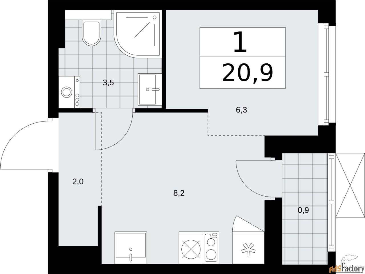 1 - комн.  квартира, 20.9 м², 6/9 эт.