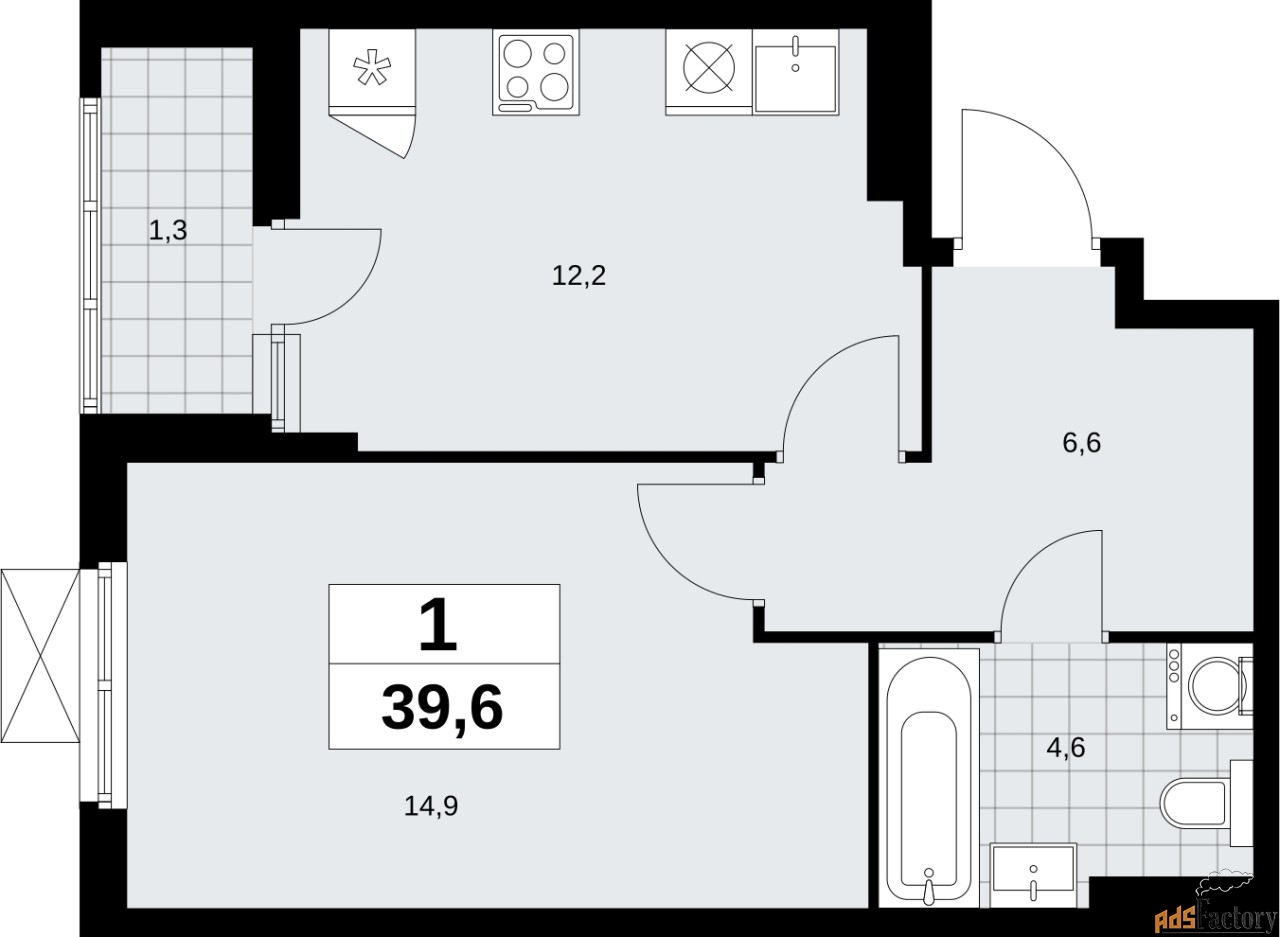 1 - комн.  квартира, 39.6 м², 15/18 эт.