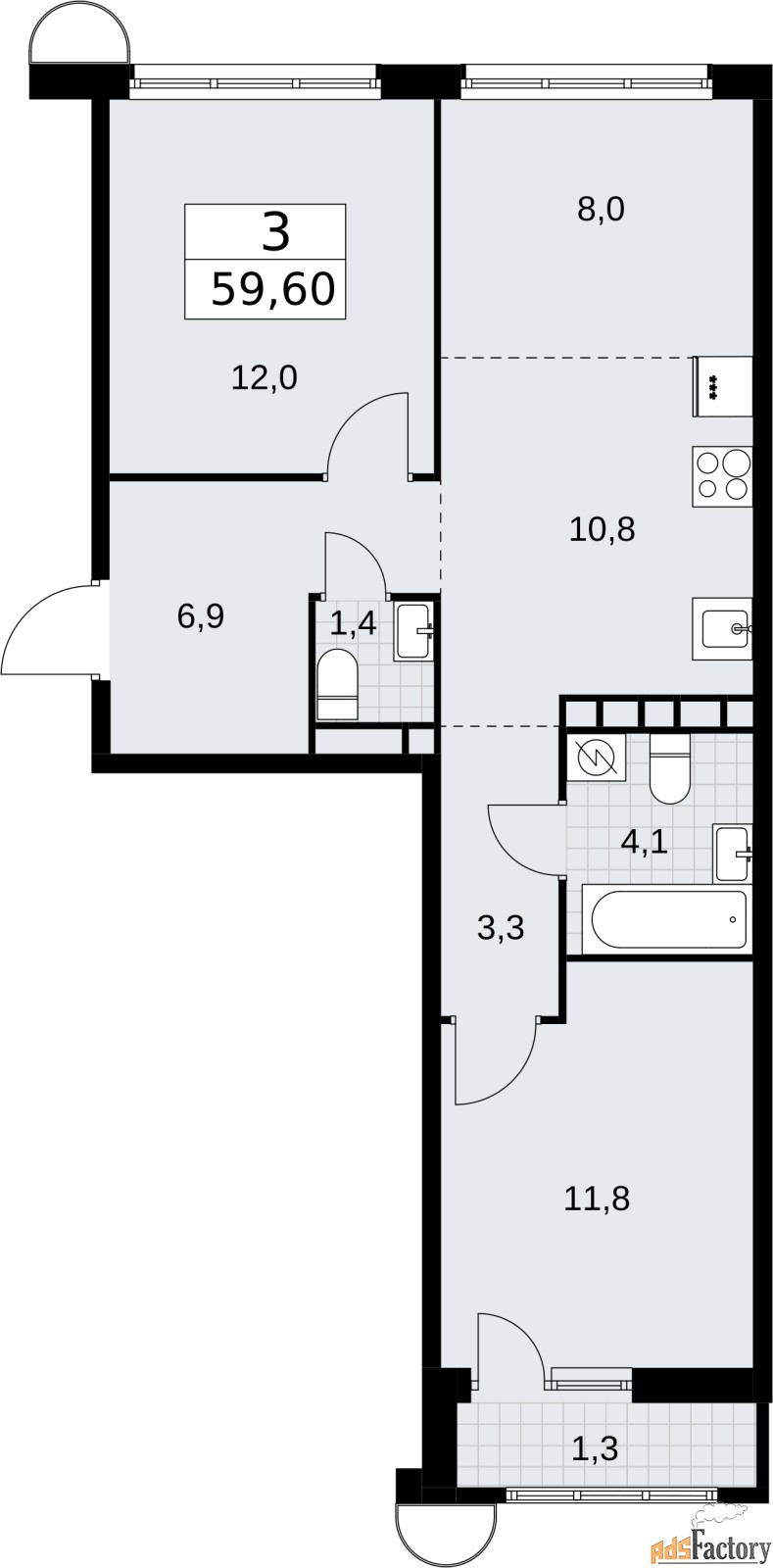 3 - комн.  квартира, 59.6 м², 9/10 эт.