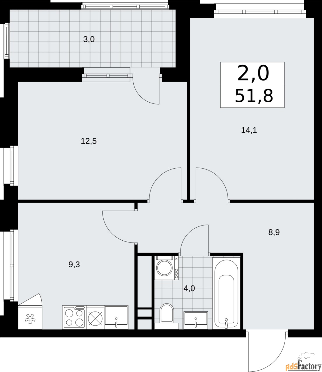 2 - комн.  квартира, 51.8 м², 13/16 эт.