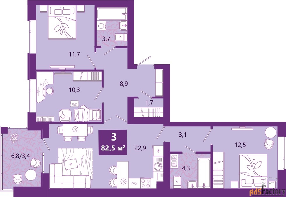 3 - комн. квартира, 83.4 м², 4/4 эт.