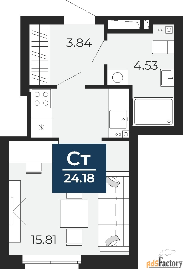 1 - комн.  квартира, 24.18 м², 3/24 эт.