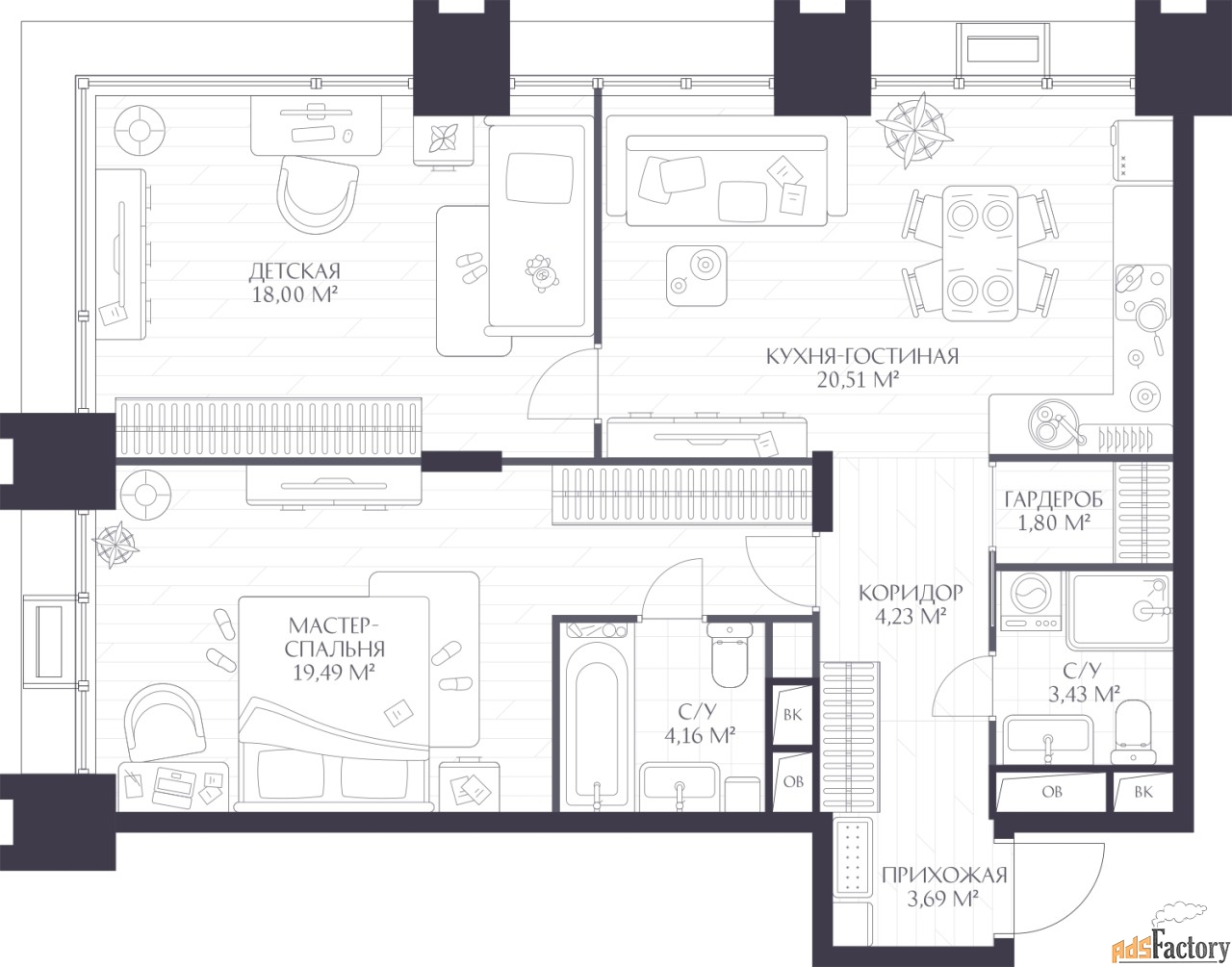 2 - комн.  квартира, 75.31 м², 6/17 эт.