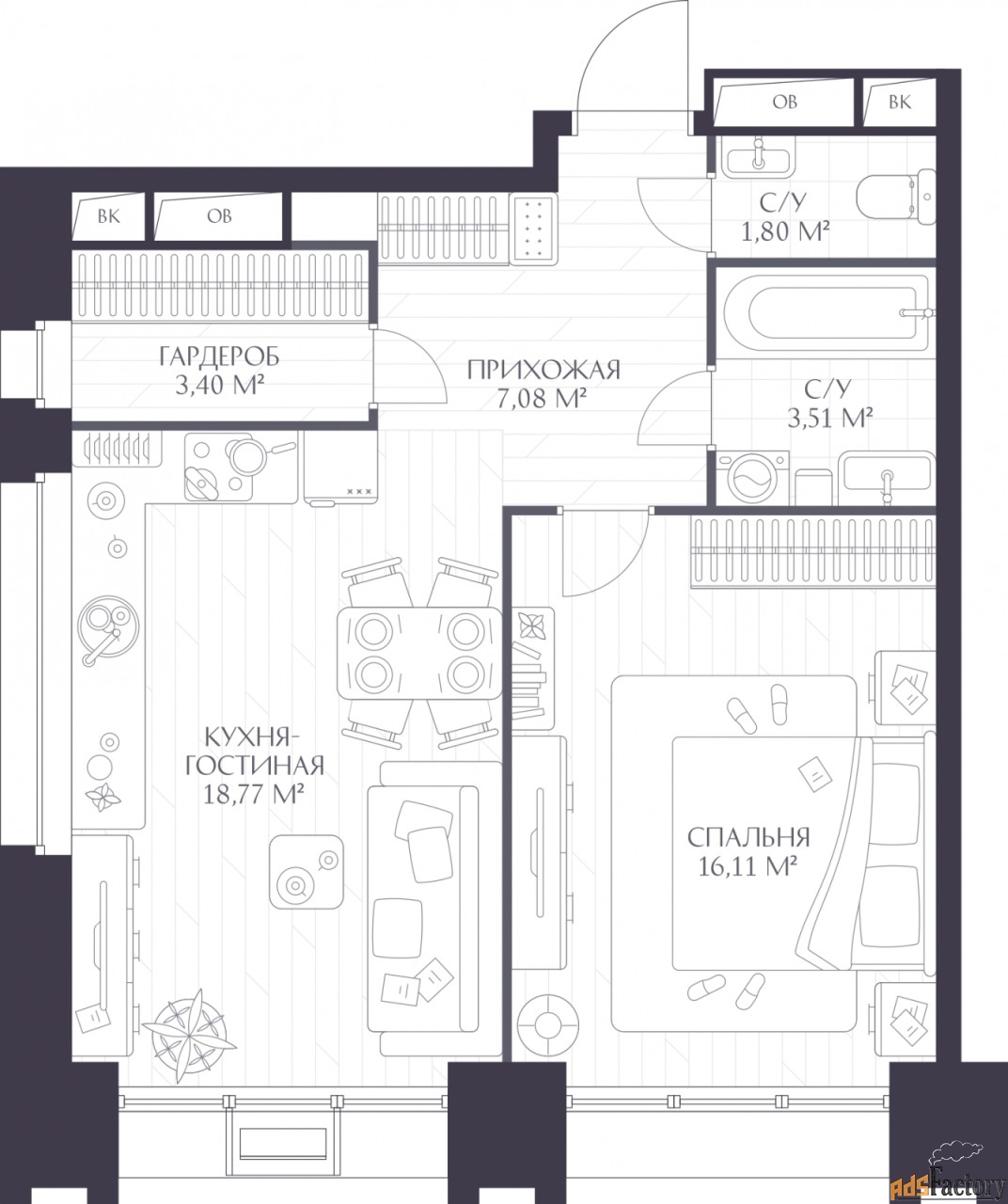1 - комн. квартира, 50.67 м², 6/17 эт.