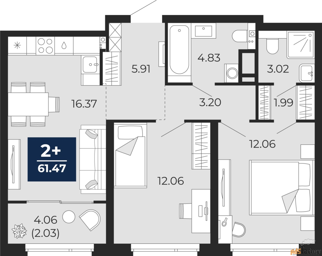 2 - комн.  квартира, 59.44 м², 5/22 эт.