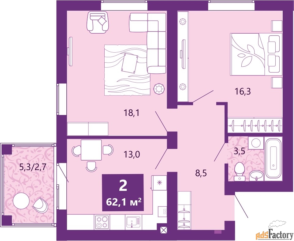 2 - комн.  квартира, 62.1 м², 3/4 эт.