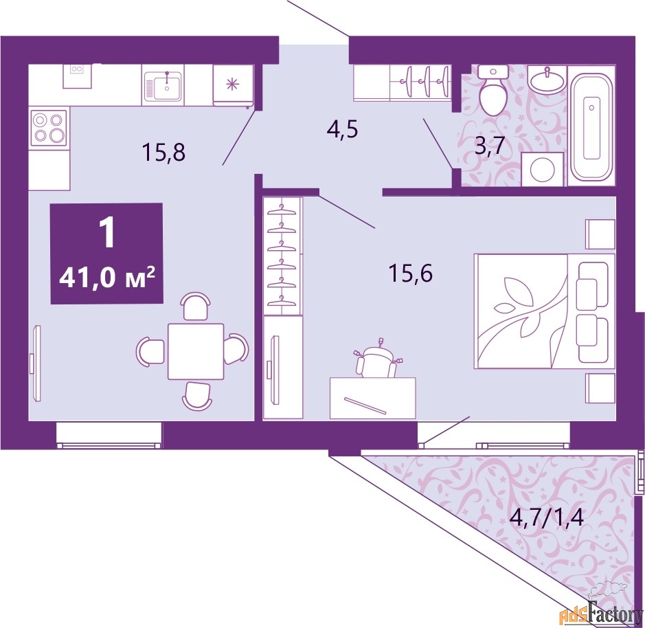 1 - комн. квартира, 41 м², 1/4 эт.