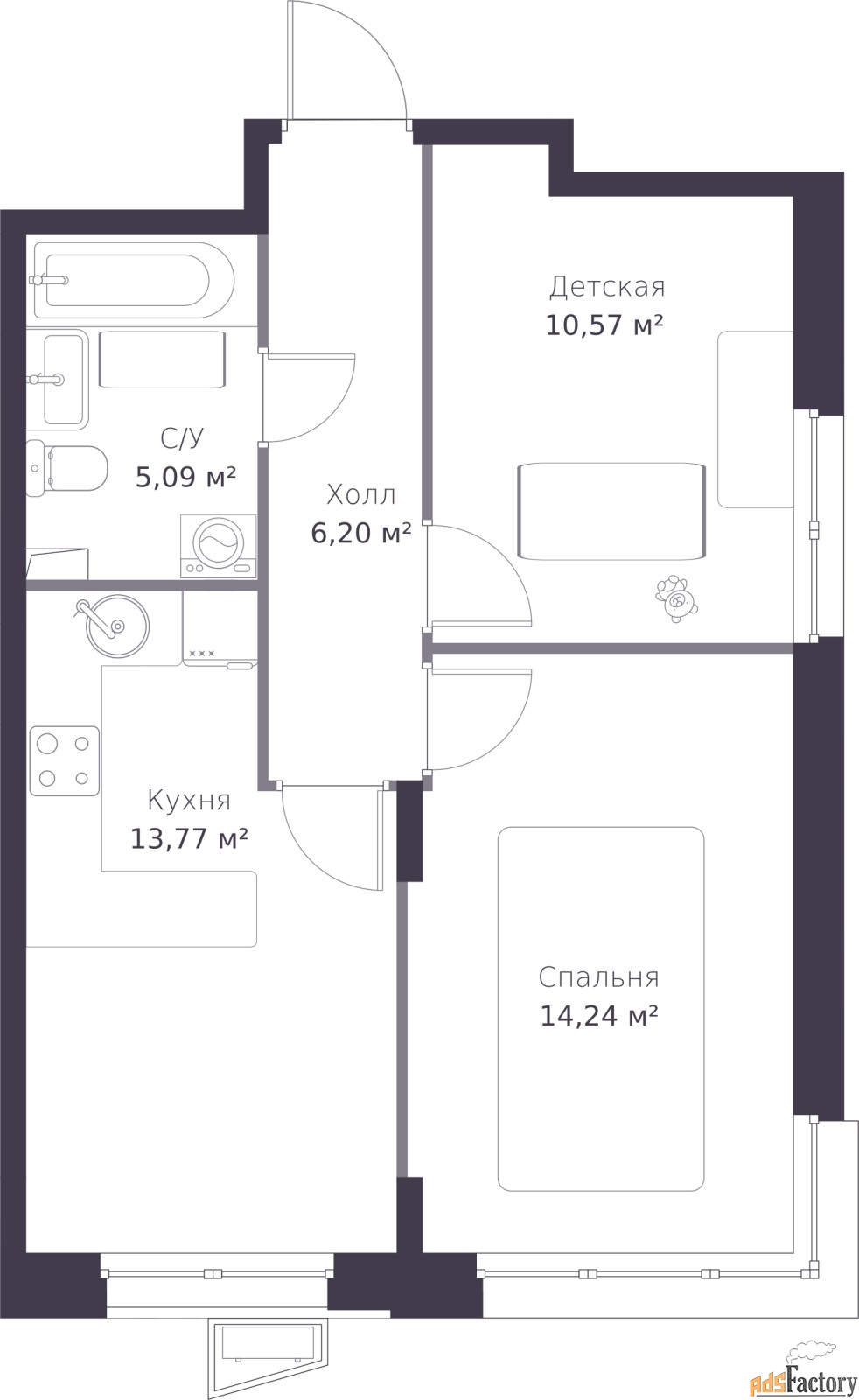 2 - комн.  квартира, 49.88 м², 1/11 эт.