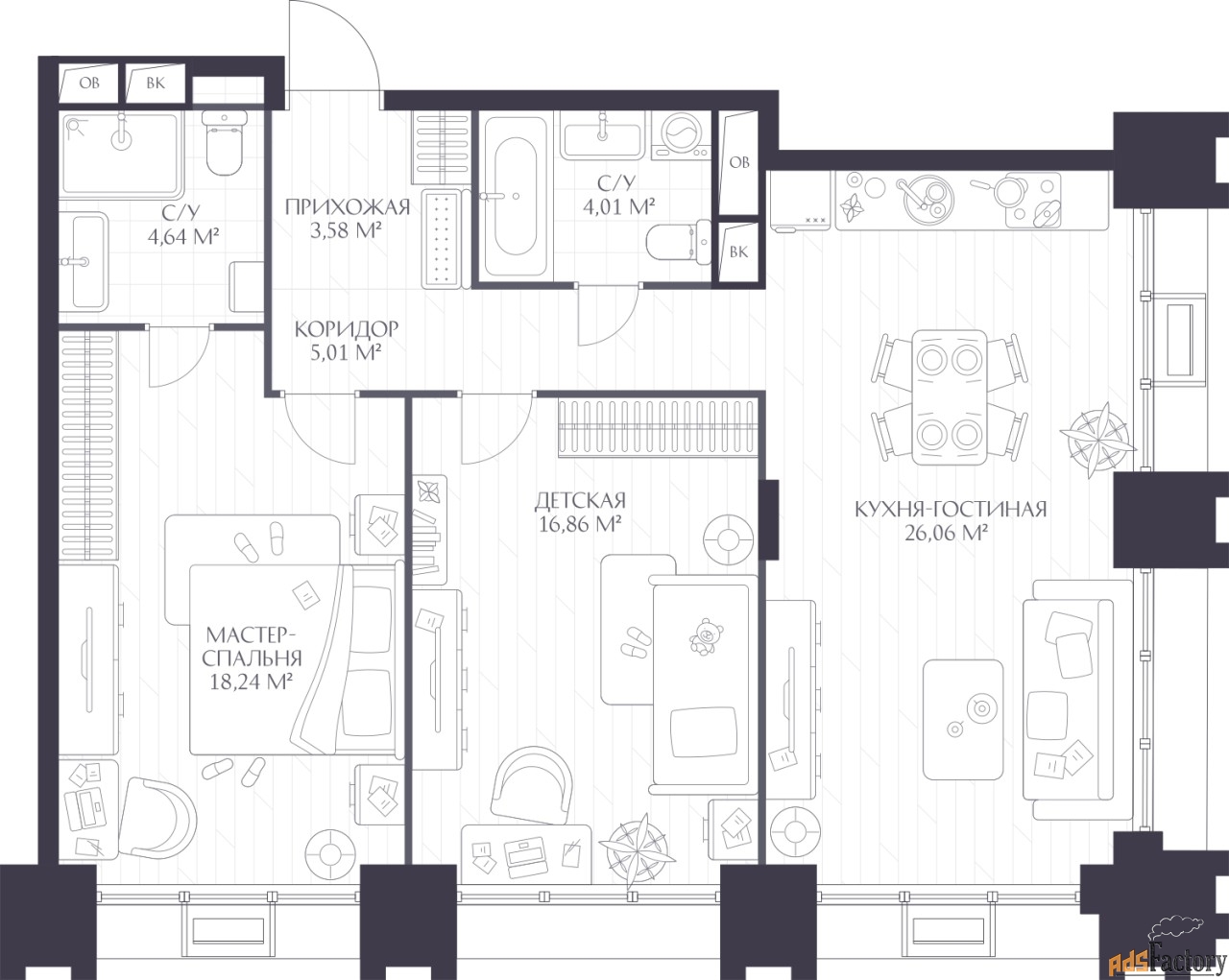 2 - комн. квартира, 78.33 м², 6/17 эт.