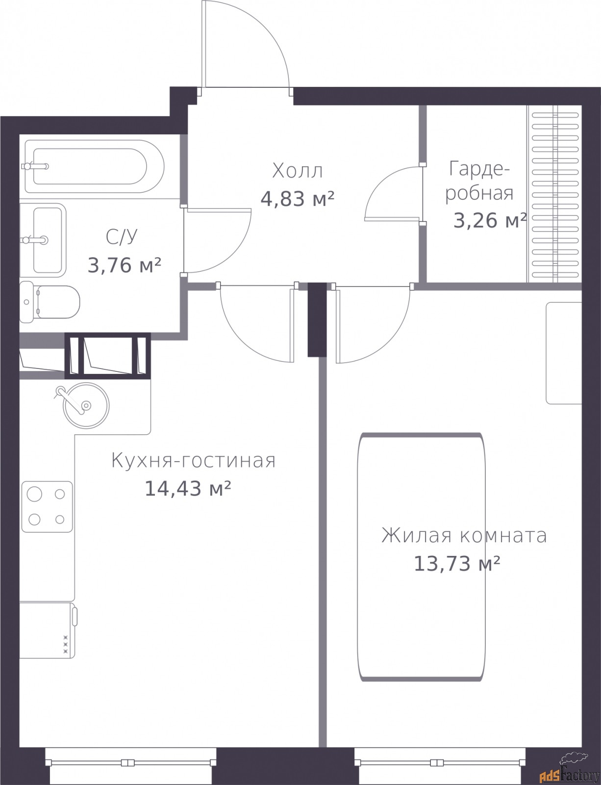 1 - комн.  квартира, 40.01 м², 3/11 эт.