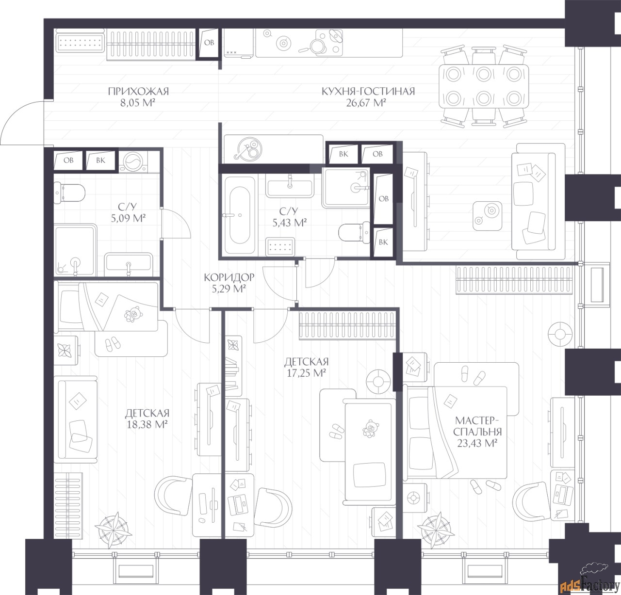 3 - комн.  квартира, 109.59 м², 10/17 эт.