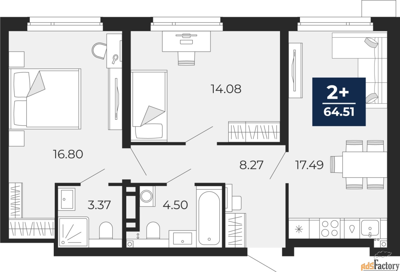 2 - комн.  квартира, 64.51 м², 19/22 эт.