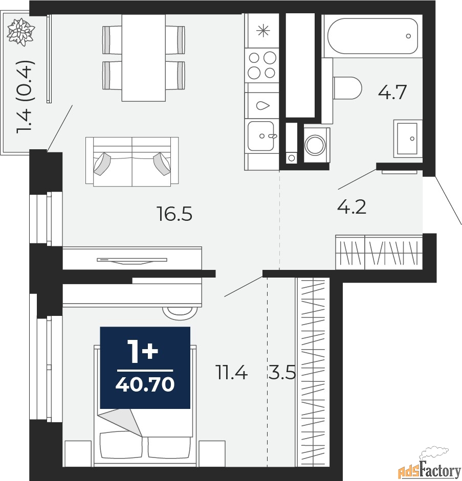 1 - комн.  квартира, 40.3 м², 17/18 эт.