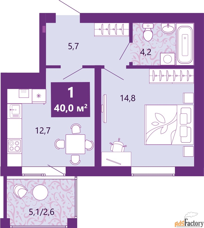 1 - комн. квартира, 40 м², 2/4 эт.