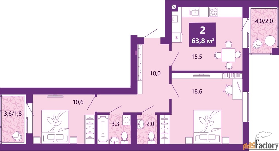 2 - комн.  квартира, 63.8 м², 4/4 эт.