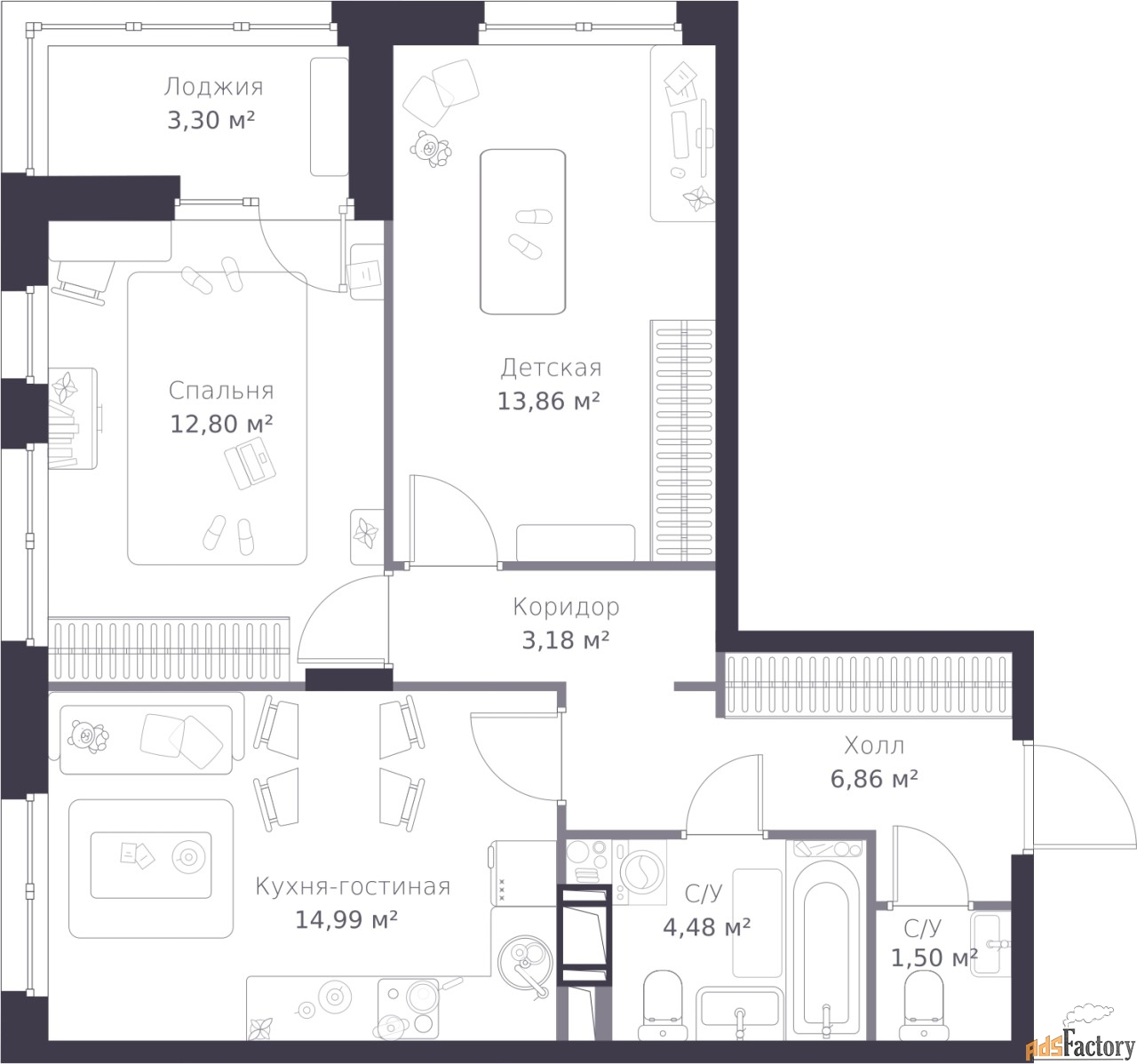 2 - комн. квартира, 59.28 м², 7/11 эт.