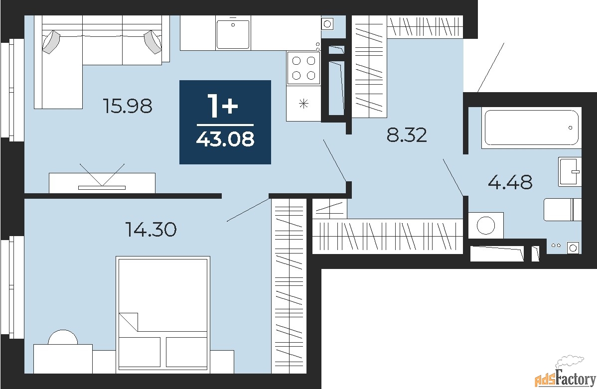 1 - комн. квартира, 43.08 м², 16/24 эт.