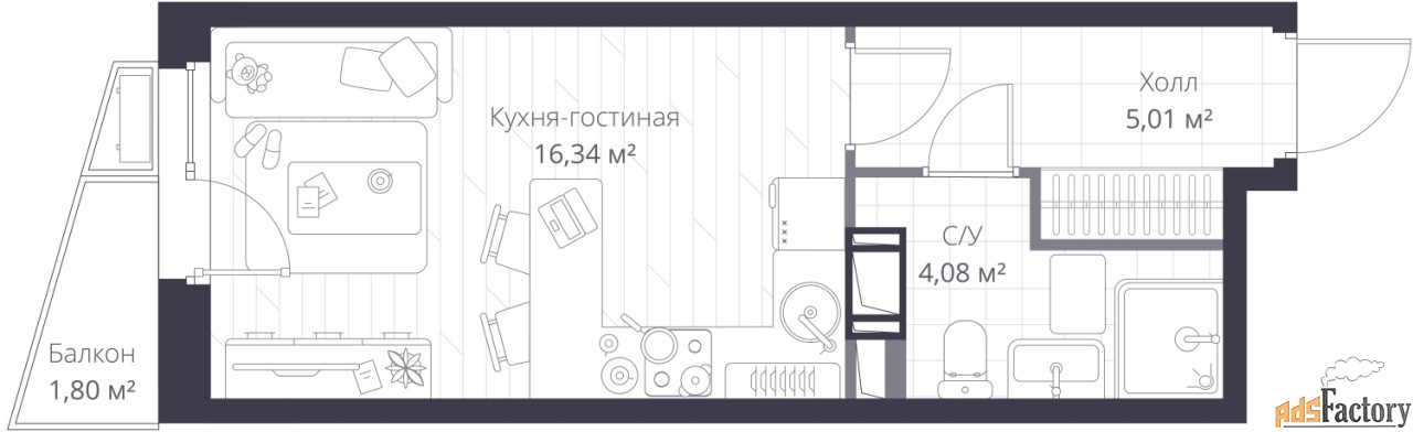 1 - комн. квартира, 25.97 м², 10/11 эт.