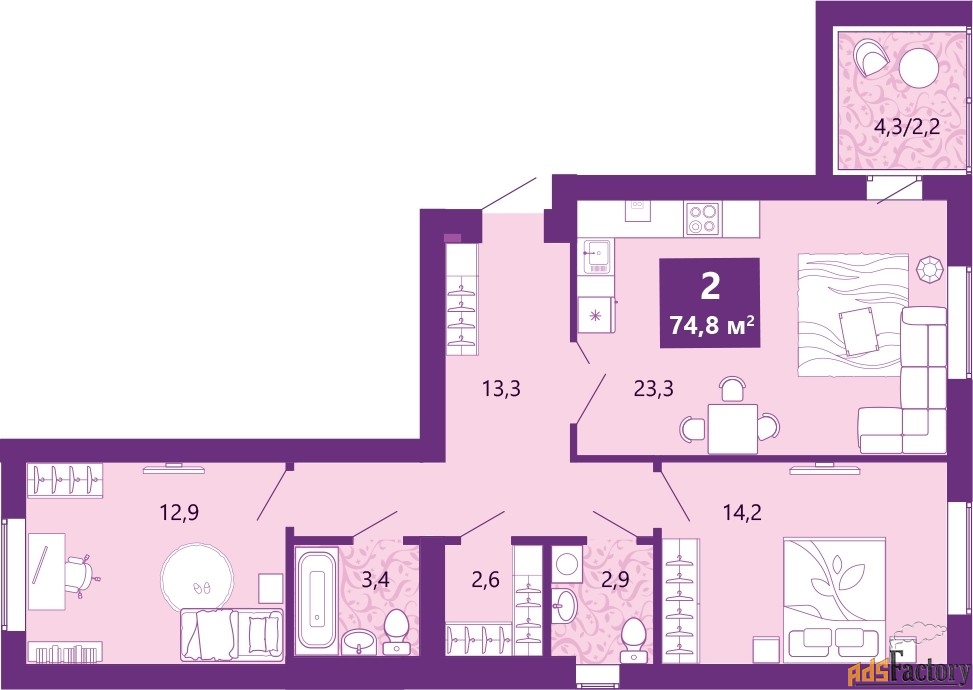 2 - комн. квартира, 74.8 м², 2/4 эт.