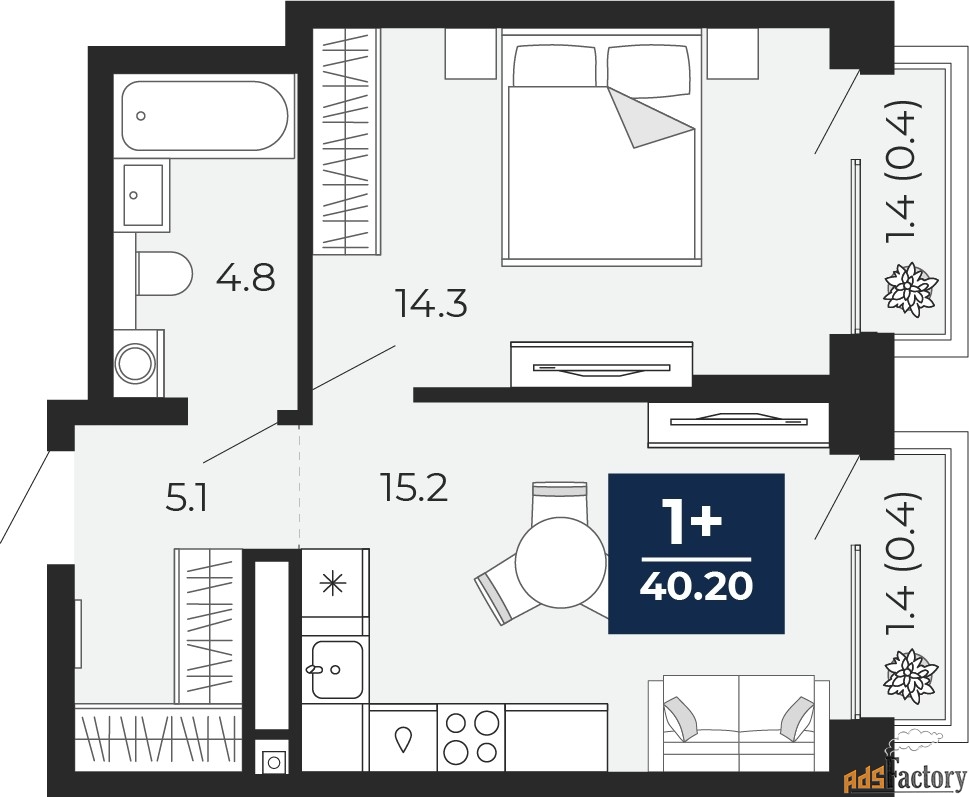 1 - комн. квартира, 39.4 м², 4/14 эт.