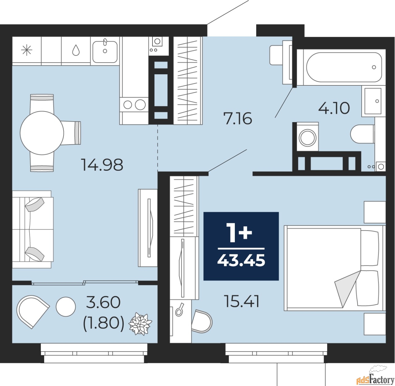 1 - комн. квартира, 41.65 м², 4/23 эт.