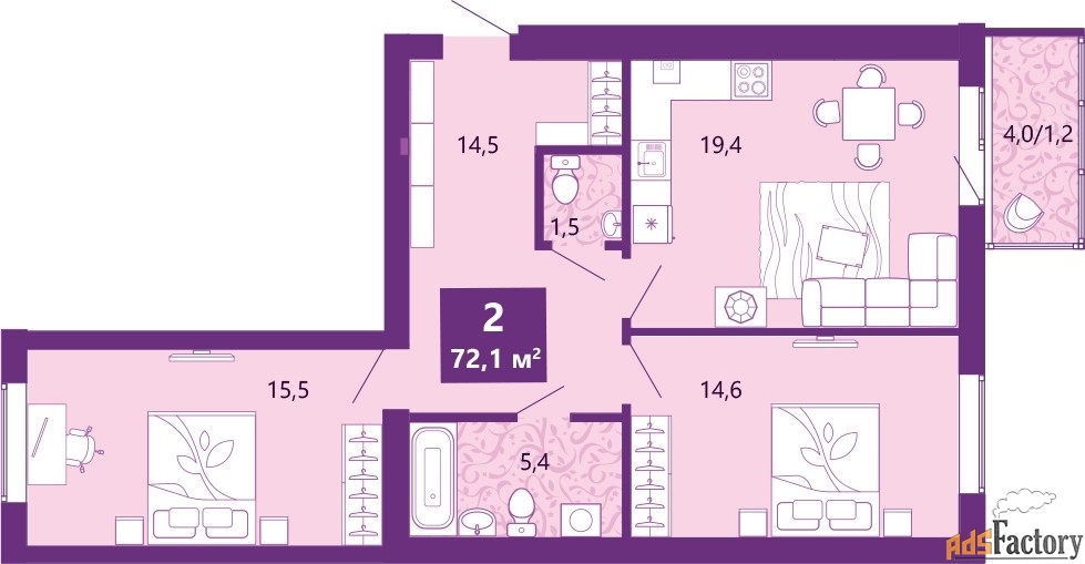 2 - комн. квартира, 72.1 м², 4/4 эт.