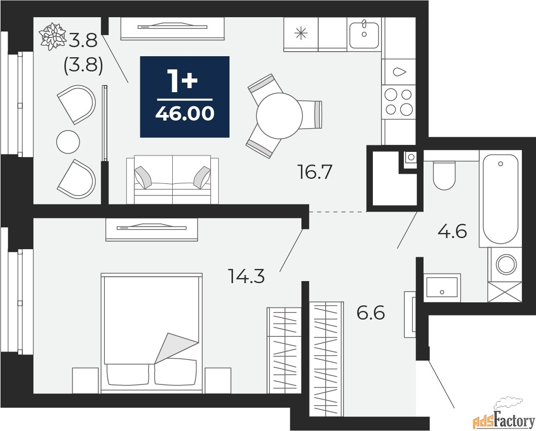 1 - комн. квартира, 46 м², 11/16 эт.