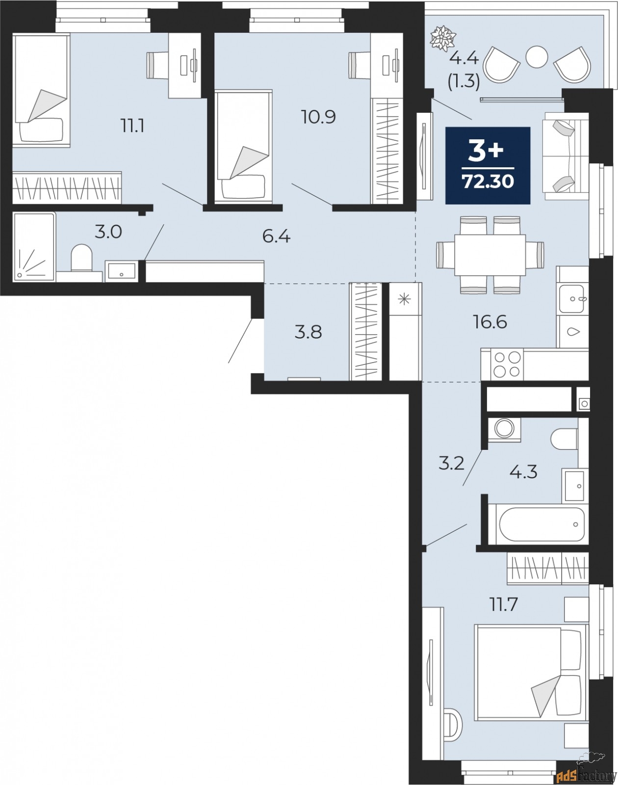 3 - комн. квартира, 71 м², 11/16 эт.