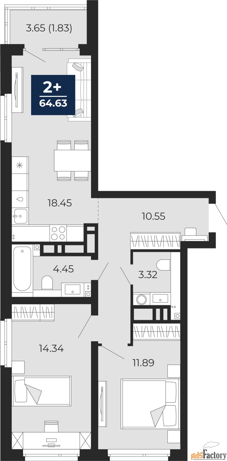 2 - комн. квартира, 63 м², 2/22 эт.
