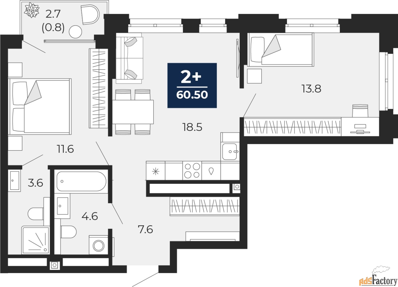 2 - комн. квартира, 59.7 м², 15/16 эт.