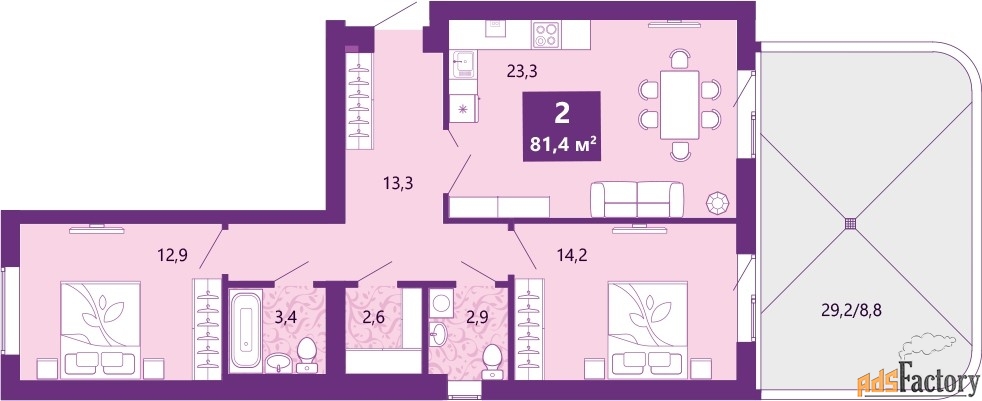 2 - комн. квартира, 81.4 м², 1/4 эт.