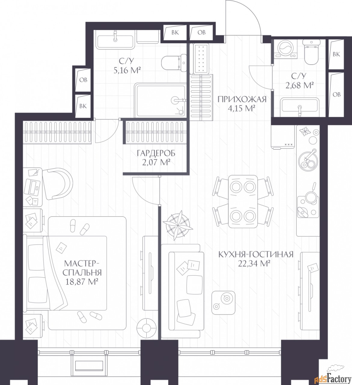 1 - комн. квартира, 55.24 м², 7/17 эт.