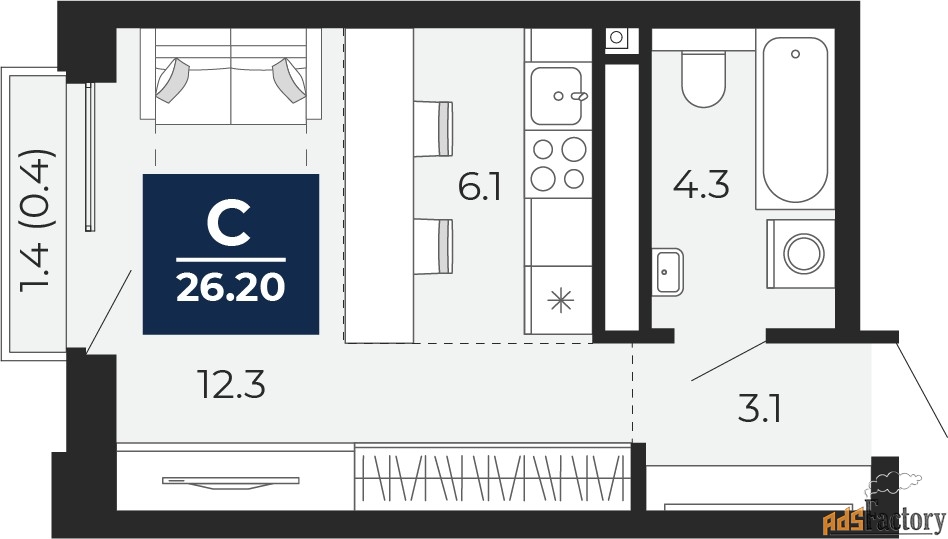 1 - комн. квартира, 25.8 м², 7/16 эт.