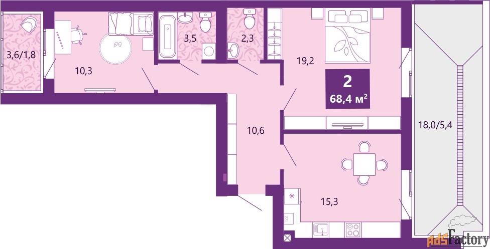 2 - комн. квартира, 68.4 м², 2/4 эт.