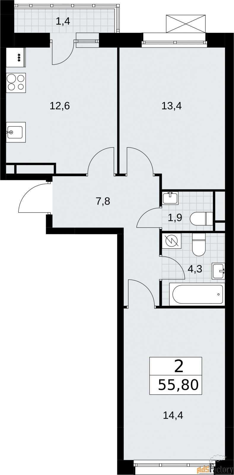 2 - комн.  квартира, 55.8 м², 5/9 эт.