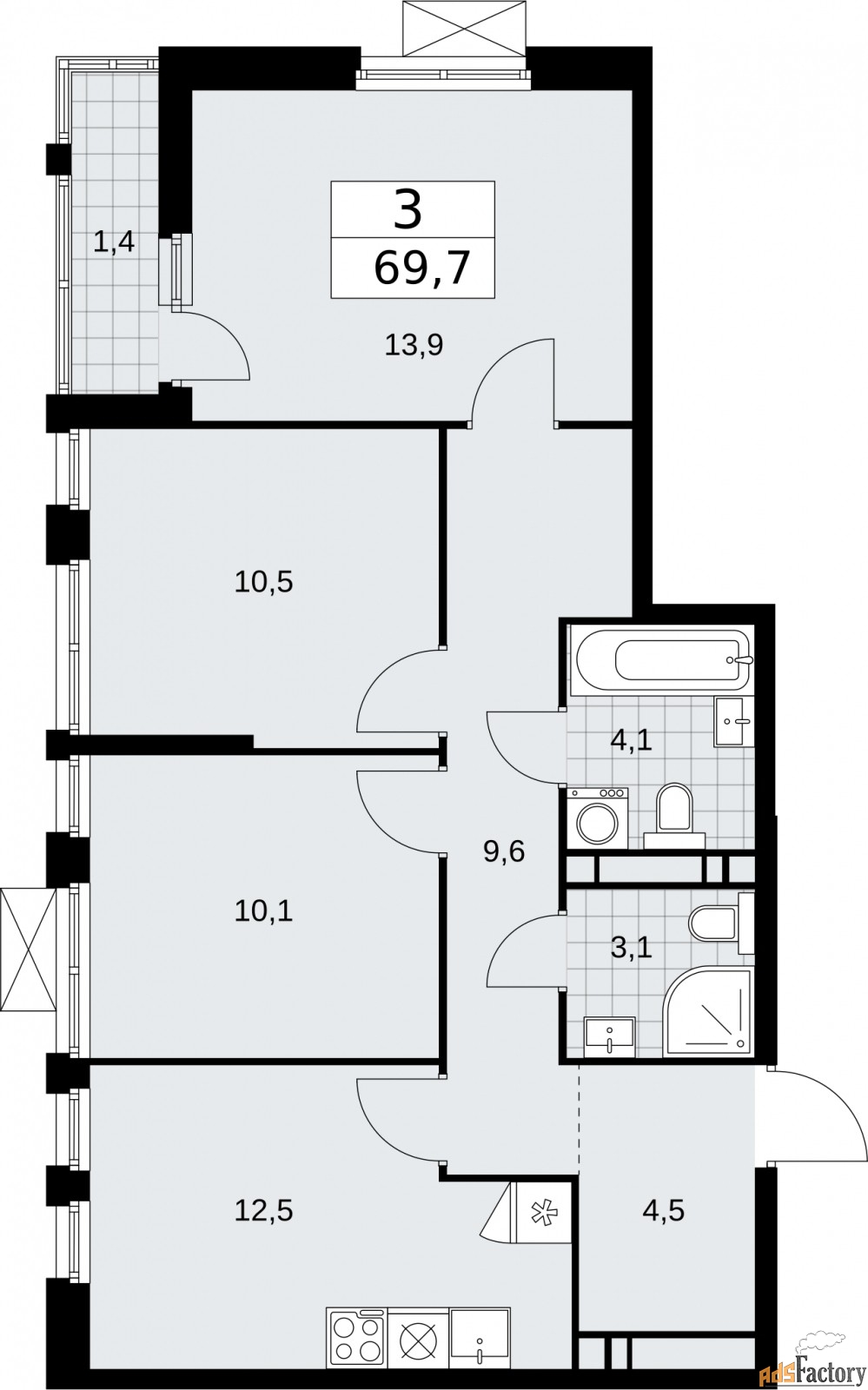 3 - комн.  квартира, 69.7 м², 16/18 эт.